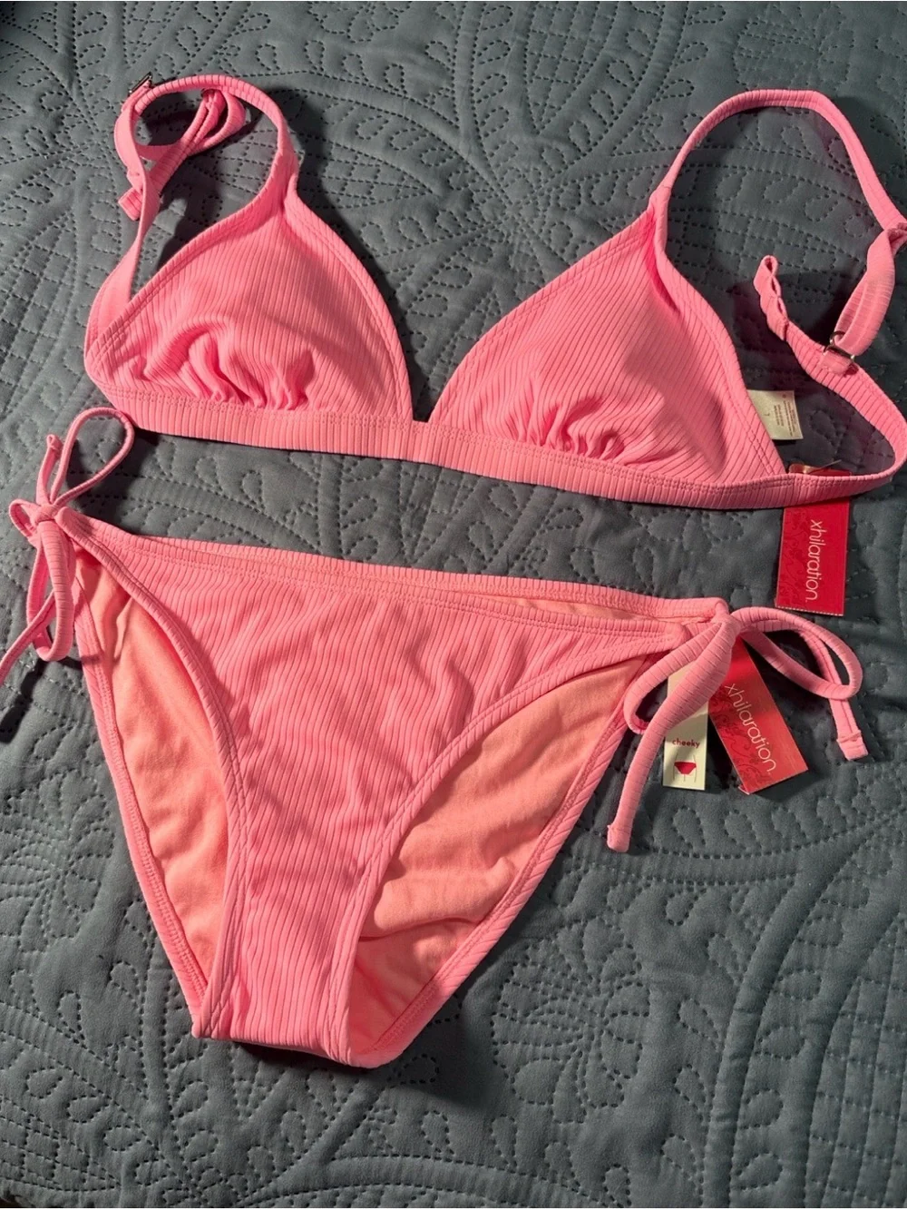 NWT Xhilaration Pink Ribbed Padded Cheeky Bikini Set L 8-10